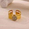 Detailed macro view of 18K gold plated hammered texture ring with pavé zircon disc - Hammered Round Zirconia Style (G11108472)