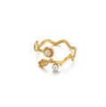 Elegant gold-plated leaf ring with white pearls and adjustable wave-shaped band design - Bionic Leaf Double Pearl Style (JZ7261-1) / Gold
