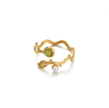 Gold leaf ring with green stone and pearl, snake-style vine band with adjustable fit - Vine Leaf Green Stone Pearl Style (JZ7261-2) / Gold