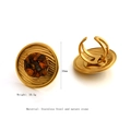 Golden stainless steel ring with round tiger eye stone inlay and adjustable dual band - Round Tiger Eye Inlaid Ring (E929)