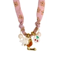 Pink floral fabric cord necklace with golden letter L, pearl charms, and orange crescent - Style L (Pink Floral Fabric, Letter L & Pearl Pendants) / 18K Gold