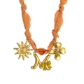 Orange fabric necklace with golden pendants featuring sun, letter M, and clover charm - Style M (Orange Fabric, Letter M & Sun Pendants) / 18K Gold