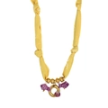 Handmade necklace with yellow silk scarf strap, purple fish charms and golden beads - Style O (Bright Yellow Fabric, Letter O & Purple Fish Pendants) / 18K Gold