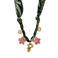 Tropical silk scarf necklace with golden letter P pendant and pink enamel flowers - Style P (Tropical Print, Letter P & Sun Pendants) / 18K Gold