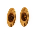 Vintage golden oval earrings with concentric ripples and brown natural stone inlays - Tiger's Eye Oval Wave Earrings (E921)