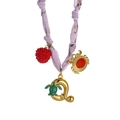 Artisan necklace with purple silk ribbon, golden turtle pendant and red berry charm - Style Q (Purple Ribbon, Letter Q & Sea Turtle Pendants) / 18K Gold