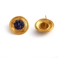 Golden textured round stud earrings set with blue natural stones in a vintage style - Blue Crushed Stone Inlaid Earrings (E933)