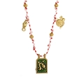 Handmade red and white cord necklace with golden sea charms and green enamel zodiac pendant - Aquarius / 18K Gold