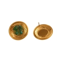 Golden textured stud earrings with green stone inlay and detailed needle back view - Green Crushed Stone Inlaid Earrings (E932)