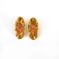 Vintage gold oval stud earrings with concentric ripple texture and orange natural stone - Rose Quartz Oval Wave Earrings (E922)