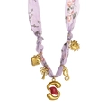 Purple floral fabric necklace with gold charms including strawberry and letter S pendant - Style S (Purple Floral, Letter S & Palm Tree Pendants) / 18K Gold