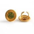 Golden stainless steel open ring with textured disc and green natural stone inlay - Green Crushed Stone Inlaid Ring (E932)