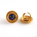 Golden ripple texture open ring with blue stone inlay and adjustable metal band - Blue Crushed Stone Inlaid Ring (E933)