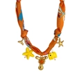 Orange silk scarf necklace with golden nautical charms and yellow resin elephant pendant - Style T (Orange Silk, Letter T & Elephant Pendants) / 18K Gold
