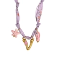 Silk scarf necklace in lavender with pink starfish, fish charms and a golden V pendant - Style V (Lavender Print, Letter V & Starfish Pendants) / 18K Gold