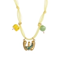 Colorful silk scarf necklace with yellow elephant and green dolphin pendants - Style W (Yellow Silk, Letter W & Dolphin Pendants) / 18K Gold