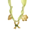 Handmade light green silk scarf necklace with gold palm tree and heart charms - Style X (Light Green Silk, Letter X & Palm Tree Pendants) / 18K Gold