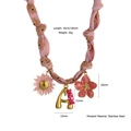Pink floral cord necklace with golden letter A and flower charms in stainless steel - Style A (Pink Floral, Letter A & Flower Pendants) / 18K Gold