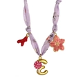 Purple floral fabric necklace with golden letter E, red coral and pink flower pendants - Style E (Purple Floral, Letter E & Lollipop Pendants) / 18K Gold