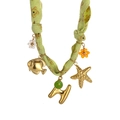 Handmade silk scarf necklace with green fabric rope, starfish, and golden letter H charm - Style H (Green Print, Letter H & Pearl Flower Pendants) / 18K Gold