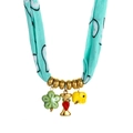 Light blue fabric necklace featuring golden beads, green flower, and yellow elephant charm - Style I (Light Blue, Letter I & Yellow Elephant Pendants) / 18K Gold