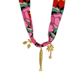 Silk scarf necklace with floral print and gold starfish fish charms on white background - Pink Floral with Strawberry Fish Coconut Tree Pendant (N25739)