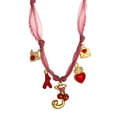 Pink ribbon necklace featuring golden heart, coral, and letter J charms with fruit motifs - Style J (Pink Chiffon, Letter J & Envelope Pendants) / 18K Gold