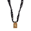 Vintage zodiac scarf necklace with floral fabric cord and gold pendant with embossed figure - Virgo