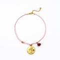 Handwoven red and white cord necklace with golden mermaid coin and purple zircon heart - Capricorn