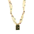 Vintage floral silk scarf necklace with green enamel Aquarius zodiac pendant - Aquarius