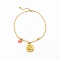 Handmade woven cord necklace with gold zodiac Aries pendant and pink heart zircon - Aquarius