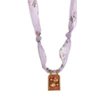 Lavender floral fabric scarf necklace with gold goldfish pendant and red enamel inlay - Pisces