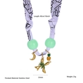 Lila geblümte Seidenhalskette mit Edelstahl-Anhängern und grünen Perlen Variante - Lila Floraler Stoff (N25717)