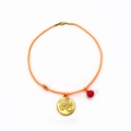 Orange braided rope zodiac necklace with golden embossed pendant and red garnet charm - Pisces