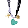 Silk scarf necklace with green heart resin pendant and golden celestial charms - Black White Patchwork Octopus Sun (N25721)