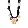 Floral silk scarf necklace with strawberry and golden metal flower charms on black fabric cord - Black Printed Strawberry Floral (N25724)
