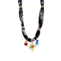 Ethnic fabric cord necklace with black and white print and a red heart enamel pendant - Black White Woven Red Heart Palm Tree (N25723)
