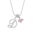Detailed close-up of silver D letter pendant with pink heart gemstone and snake chain - Letter D Heart Planet Necklace (With Stainless Steel Snake Chain) / Silver
