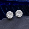 Macro view of double halo stud earrings featuring round cubic zirconia in silver setting - Halo Round Style (NO.8)