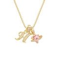 Detalle de cadena dorada con colgante letra H y amuleto planeta corazón rosa con zircon - Letra H