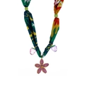 Green silk scarf necklace with tropical palm prints and purple flower charms - Tropical Leaf Print with Strawberry Flower Pendant (N25733)