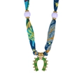 Silk scarf necklace with lavender beads and green enamel horseshoe pendant - Star Leaf Print with Green Horseshoe Evil Eye Pendant (N25735)