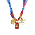 Colorful silk scarf necklace with sun flower, evil eye, and gold octopus charms - Colorful Scarf with Sunflower Octopus Evil Eye Pendant (N25740)
