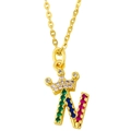 Macro shot of letter N pendant with colorful cubic zirconia and a crystal crown detail - Necklace (With Stainless Steel O-Chain) / Letter N