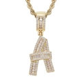 Hip hop gold letter A pendant necklace with pavé cubic zirconia and a rope chain - Letter A / 60cm Twist Chain / Gold