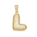Close-up of golden bubble letter L pendant featuring micro-pave cubic zirconia crystals - L
