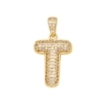 Detailed view of 18K gold plated letter T pendant with paved cubic zirconia stones - Letter T