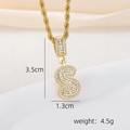 Detailed size view of the 18k gold plated S letter pendant with clear zircon stones - S Style - Gold (Pendant And Rope Chain)