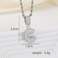 Detail of silver letter C pendant showing dimensions 3.2cm by 1.5cm with cubic zirconia - C Style - Silver (Pendant And Rope Chain)