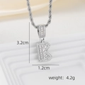Detailed view of silver letter K pendant with baguette cubic zirconia and 4.2g weight - K Style - Silver (Pendant And Rope Chain)